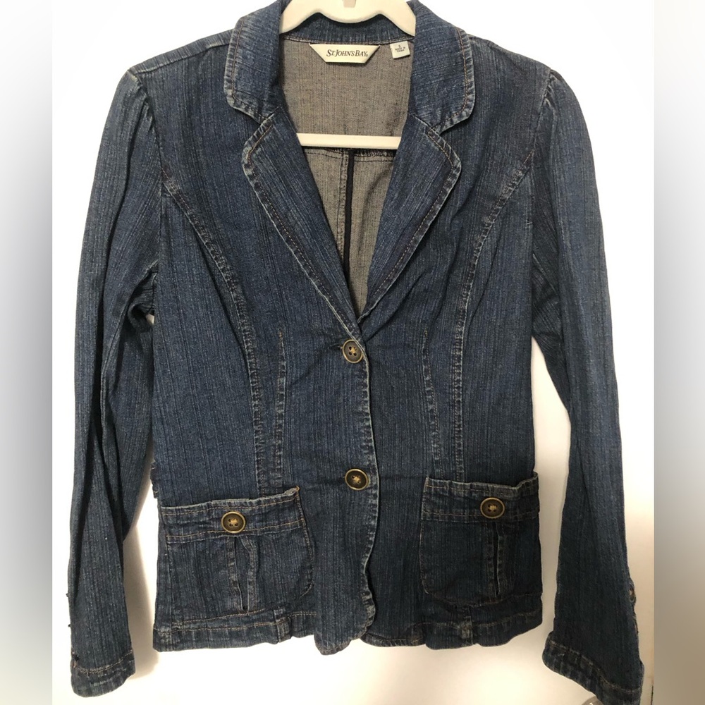St. John's Bay Dark Blue Jean Jacket collared blazer top coat denim button up